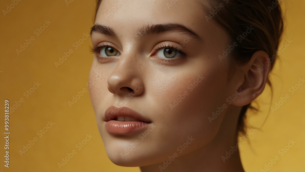 Close-up portrait of a model with radiant skin against a yellow background. Close-up portrait of a model with radiant skin against a yellow background.
