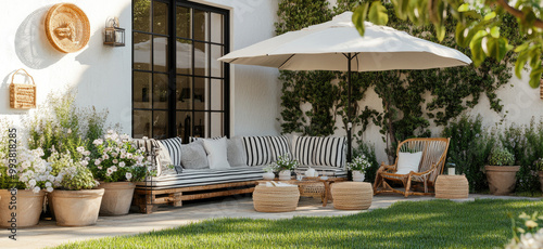 An outdoor patio with white and striped couches, wooden furniture, and plants. A white umbrella, garden decor, and a large window with a black frame