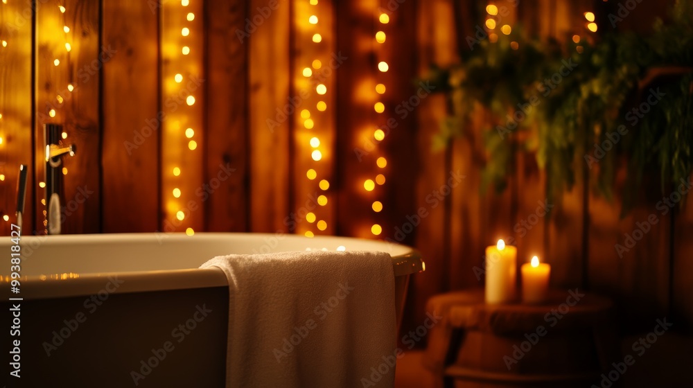 Cozy spa setting with a bathtub, candles, and warm fairy lights for a relaxing atmosphere in a rustic wooden room. Cozy spa setting with a bathtub, candles, and warm fairy lights for a relaxing atmosphere in a rustic wooden room.