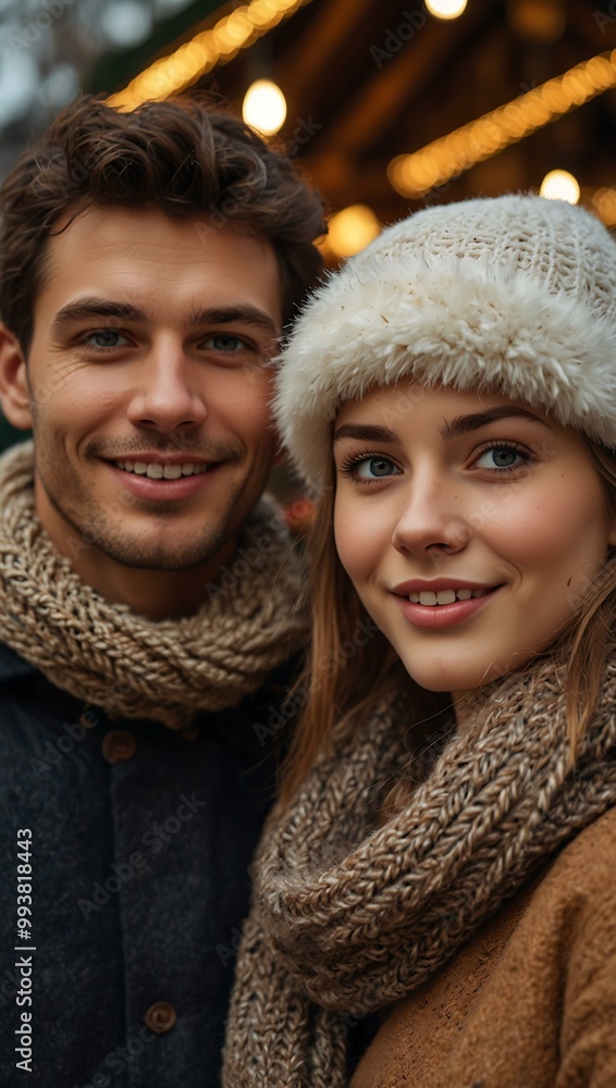 Close-up portrait of a young couple at a Christmas market. Close-up portrait of a young couple at a Christmas market.