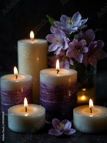 Cluster of candles on a dark background with purple blossoms.