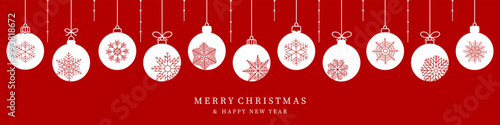 Christmas ball with snowflakes line icon.Set of simple christmas balls isolated on red background. Christmas decoration.Christmas and New Year seamless banner or border.