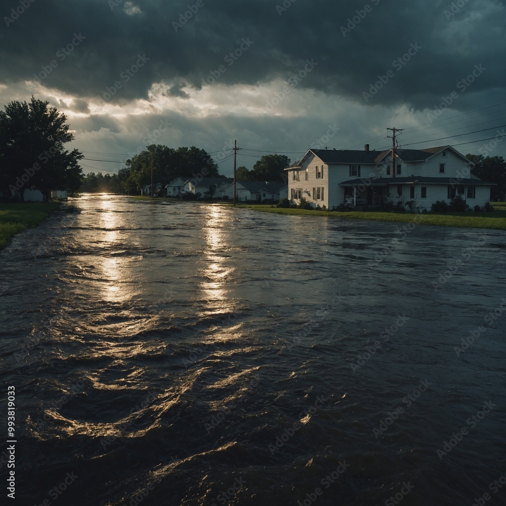 Fototapeta premium Urban areas devastated by severe flooding as torrential rains cause major infrastructure issues