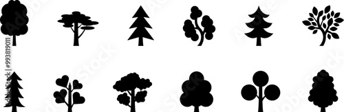 The Trees with the Most Vibrant Fall Leaf Colors. Tree icon, simple silhouettes. Forest. Flat trees set, pines, spruces, conifers and deciduous trees. Autumn Leafs isolated vector illustration.