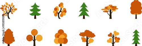 The Trees with the Most Vibrant Fall Leaf Colors. Tree icon, simple silhouettes. Forest. Flat trees set, pines, spruces, conifers and deciduous trees. Autumn Leafs isolated vector illustration.