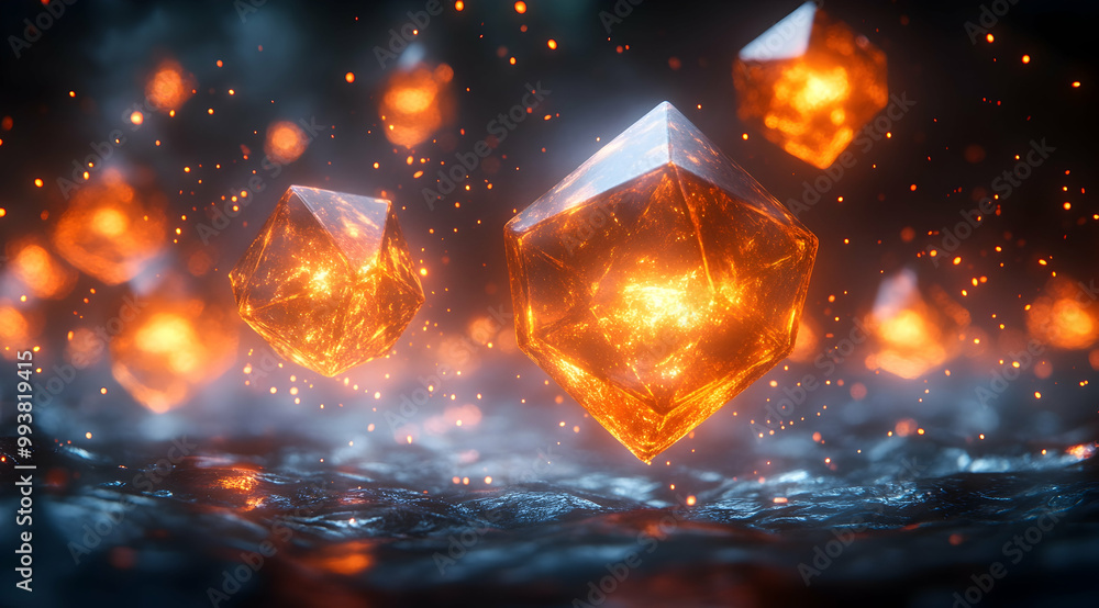 3D Render of Glowing Geometric Shapes Floating Above a Dark Surface 3D Render of Glowing Geometric Shapes Floating Above a Dark Surface