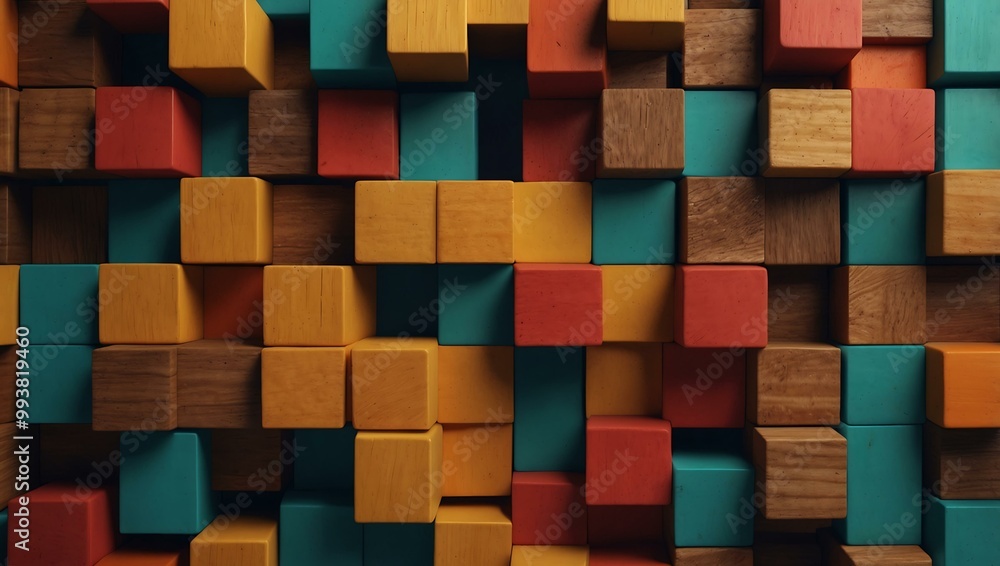 Colorful 3D wooden cubes creating a modern geometric backdrop. Colorful 3D wooden cubes creating a modern geometric backdrop.