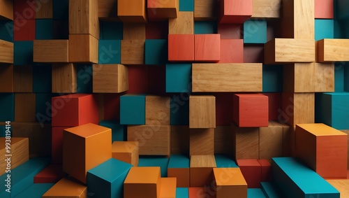 Colorful 3D wooden cubes creating a modern geometric backdrop.