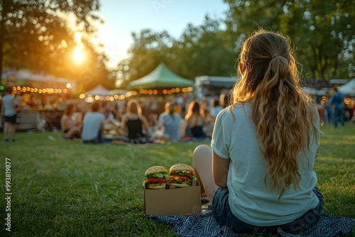 Fototapeta Naklejka Na Ścianę i Meble -  Enjoying delicious burgers at a sunset food festival in the park