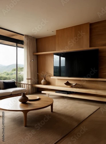 spacious Scandinavian living room with wooden furniture, large window and TV