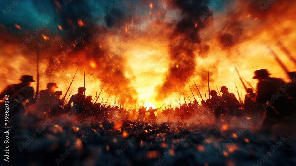 A dramatic scene of an American Civil War reenactment, with soldiers in period uniforms charging across a battlefield under a smoky sky