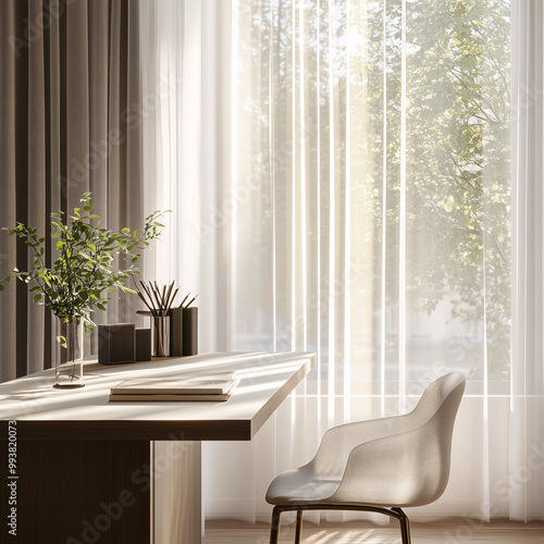 A sleek, modern desk in front of a bright window with sheer curtains, accompanied by a simple chair. The workspace is organized and clutter-free, emphasizing natural light photo