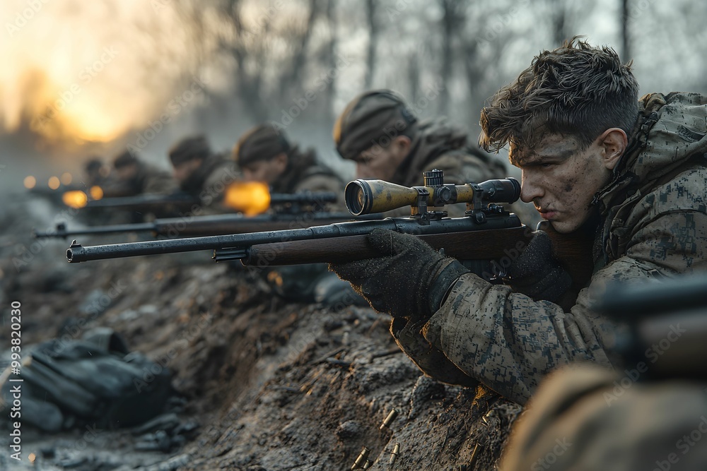 Fototapeta premium Soldiers taking aim during dawn in a rugged battlefield setting