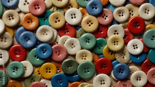 Colorful buttons scattered around a neutral background, adding a playful touch.