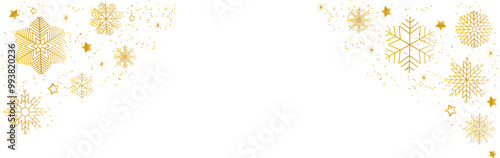 Snowflake seamless border. Golden glitter background with falling glitter confetti and  snowflakes. Luxury sparkling confetti.  Falling gold glitter.  Dust golden sparks. Christmas background.