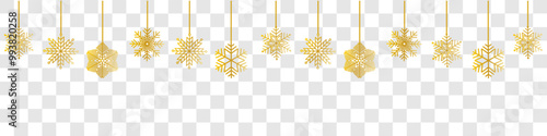 Snowflake seamless border. Golden glitter background with falling glitter confetti and  snowflakes. Simple hanging golden christmas snowflake seamless border . Christmas background.