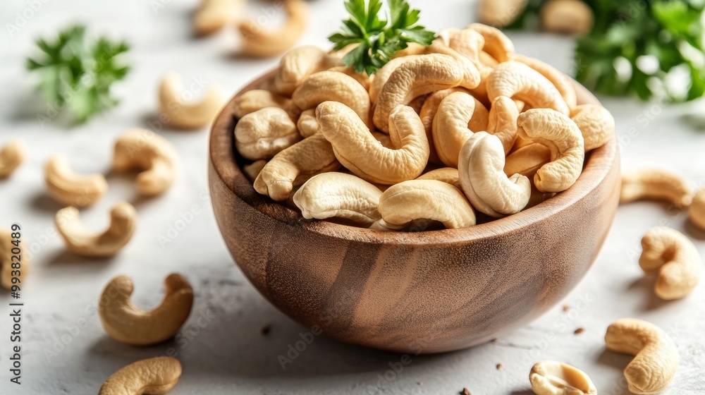 Cashew nuts are piled high in a wooden bowl, with more scattered around on a white surface. Cashew nuts are piled high in a wooden bowl, with more scattered around on a white surface.