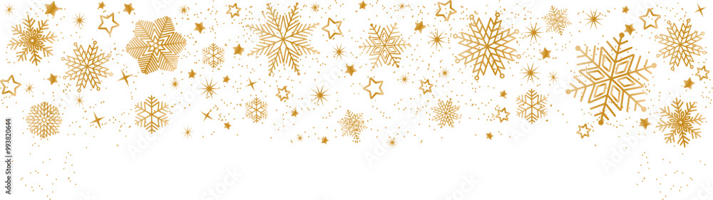 Snowflake seamless border. Golden glitter background with falling glitter confetti and snowflakes. Luxury sparkling confetti. Falling gold glitter. The dust golden sparks. Christmas background. Snowflake seamless border. Golden glitter background with falling glitter confetti and snowflakes. Luxury sparkling confetti. Falling gold glitter. The dust golden sparks. Christmas background.