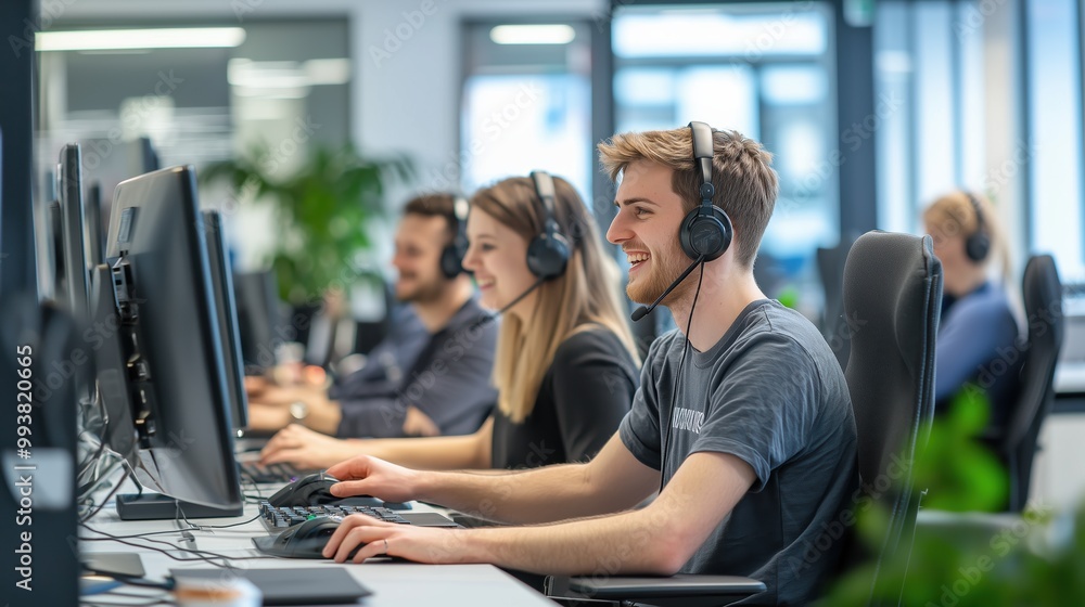 Enthusiastic Customer Service Team at Work in Modern Call Center Enthusiastic Customer Service Team at Work in Modern Call Center