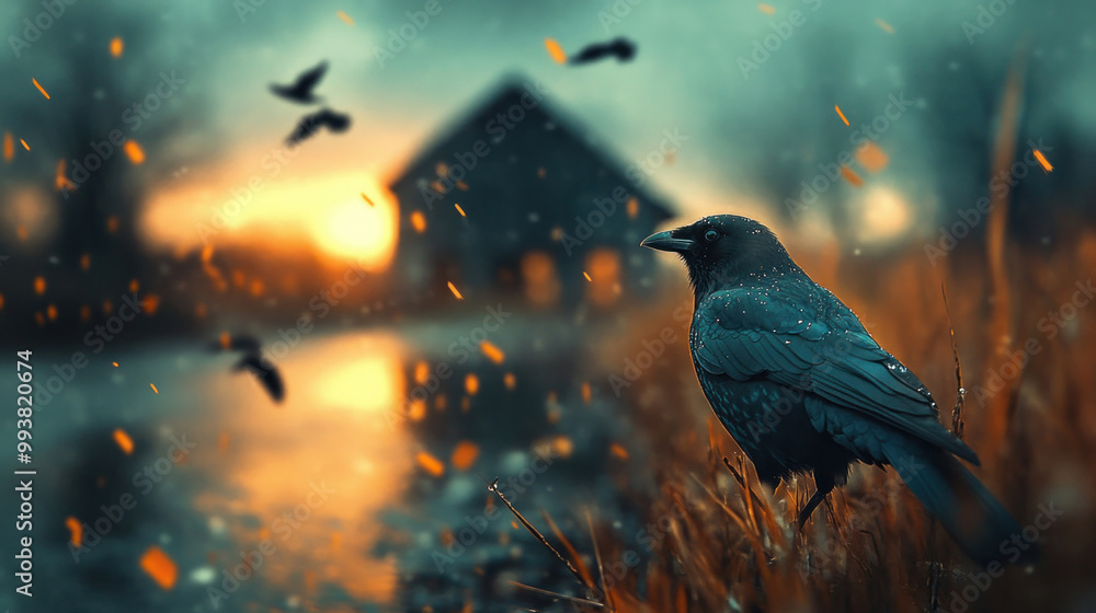 A haunting scene of an American gothic barn in the middle of a desolate field, with crows flying overhead and a foreboding atmosphere A haunting scene of an American gothic barn in the middle of a desolate field, with crows flying overhead and a foreboding atmosphere