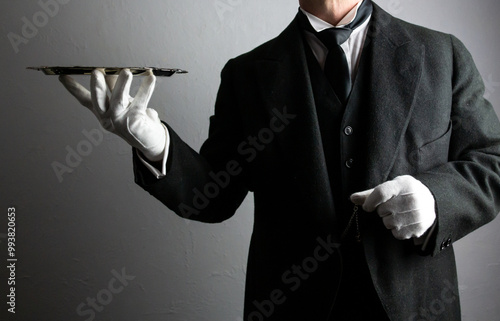 Vintage Butler or Waiter in Dark Suit and White Gloves Holding Serving Tray Magnificently. Service Industry and Professional Hospitality.