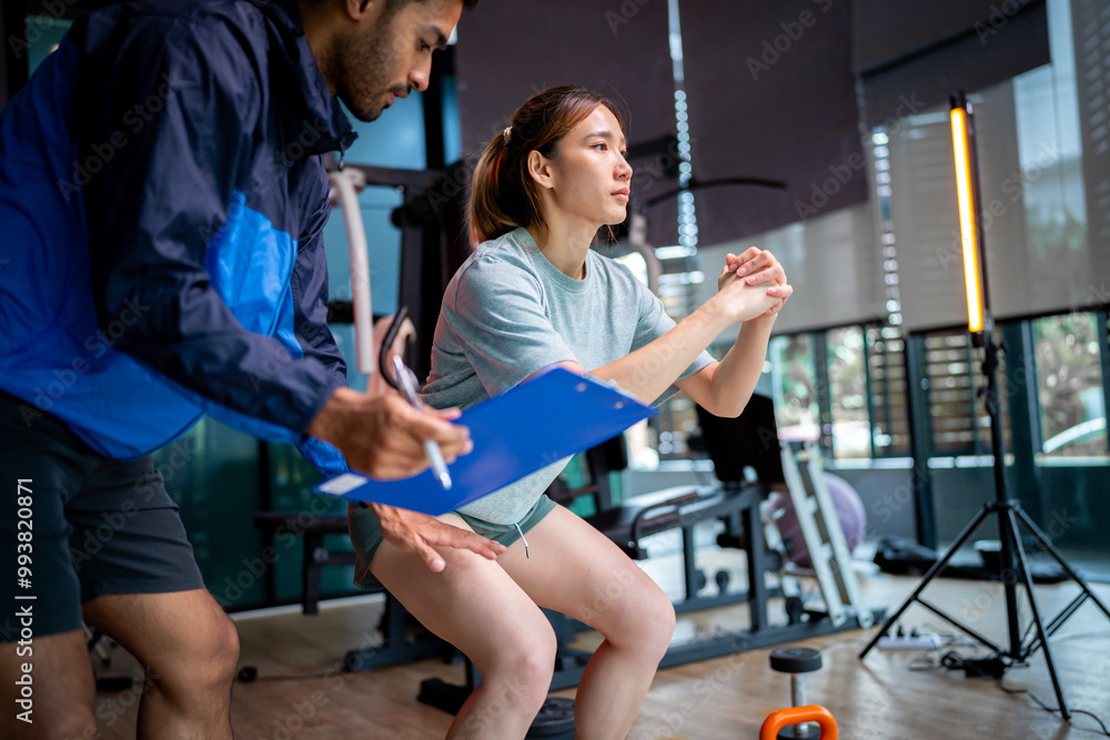 Asian man and woman working out, one is a trainer, the other is an exerciser Asian man and woman working out, one is a trainer, the other is an exerciser