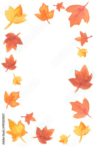 Watercolor illustration fall leaves orabge yellow red ornate 