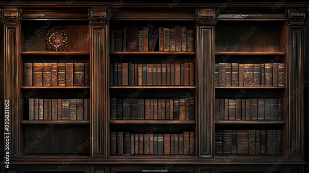 Classical Wooden Bookcase Filled with Books Against Dark Background. AI generated illustration Classical Wooden Bookcase Filled with Books Against Dark Background. AI generated illustration