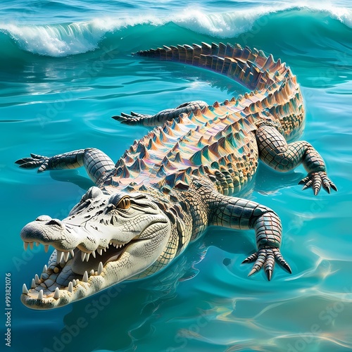 A large alligator in the ocean, depicted in a rainbow of colors through AI, creating a striking visual effect.GENERATIVE AI photo