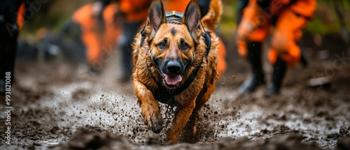 Rescue dogs and handlers training in a simulated disaster zone focusing on coordination and skill refinement