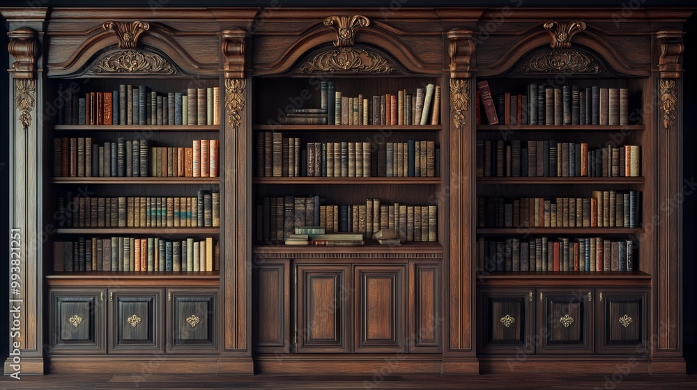 Classical Wooden Bookcase Filled with Books Against Dark Background. AI generated illustration Classical Wooden Bookcase Filled with Books Against Dark Background. AI generated illustration
