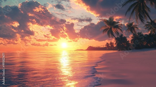 Stunning sunset over a calm beach scene. Warm golden light, relaxation