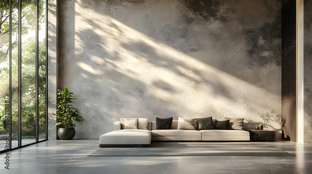 Modern Living Room Interior Design with Concrete Wall and Large Window - 3D Illustration Modern Living Room Interior Design with Concrete Wall and Large Window - 3D Illustration