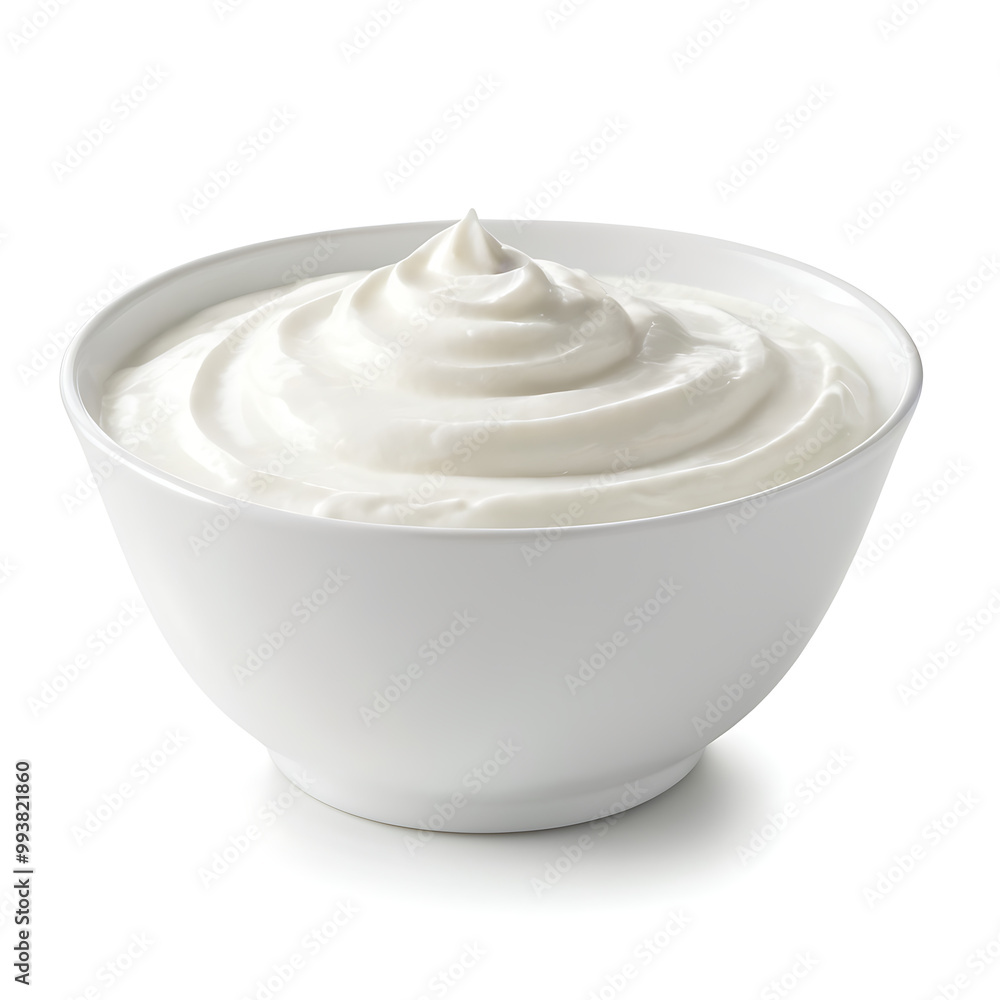 A bowl of creamy white yogurt with a smooth, swirling texture. Perfect for food blogs, healthy eating articles, or dairy product advertisements. (White background) A bowl of creamy white yogurt with a smooth, swirling texture. Perfect for food blogs, healthy eating articles, or dairy product advertisements. (White background)