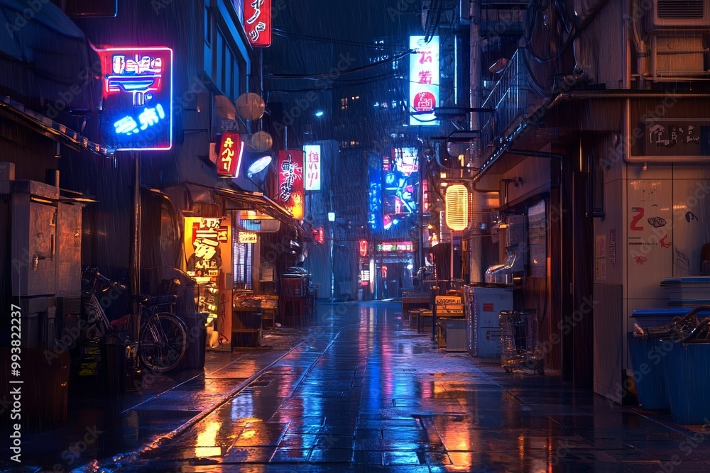 Cyberpunk Street in Tokyo at Night with Neon Signs. AI generated illustration Cyberpunk Street in Tokyo at Night with Neon Signs. AI generated illustration