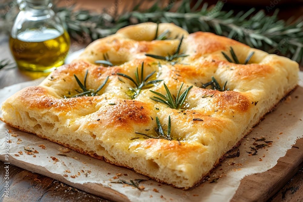 Freshly baked focaccia bread topped with rosemary and olive oil Freshly baked focaccia bread topped with rosemary and olive oil
