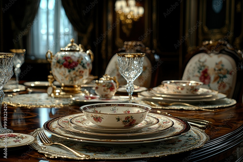 Fototapeta premium Elegant Porcelain Dinnerware Set with Gold Accents on a Polished Wooden Table