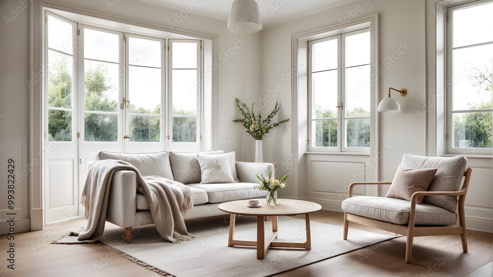modern living room in scandinavian style with light grey sofa, cozy armchair, round wooden table, fresh flowers, white walls and large windows modern living room in scandinavian style with light grey sofa, cozy armchair, round wooden table, fresh flowers, white walls and large windows