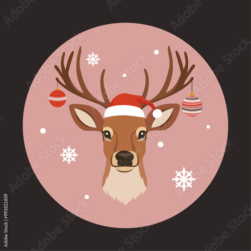 Cute reindeer wearing colorful ornaments on antlers and Santa Claus hat, black and pink background, vector illustration