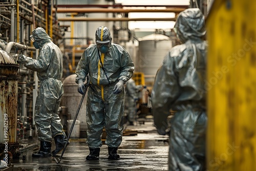 Workers in protective suits cleaning a chemical plant site at dusk