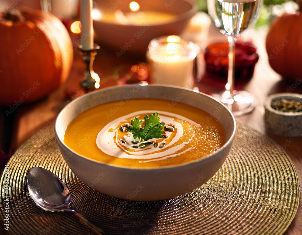 Cozy autumn pumpkin soup with cream and herbs on festive table Cozy autumn pumpkin soup with cream and herbs on festive table