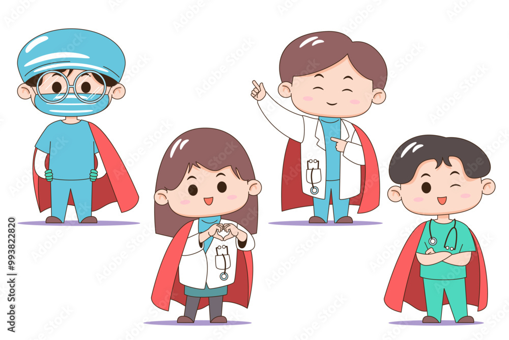 A set of four cartoon healthcare professionals with superhero capes, promoting healthcare and medical heroism. A set of four cartoon healthcare professionals with superhero capes, promoting healthcare and medical heroism.