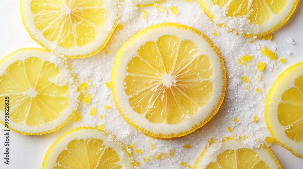 Fresh Lemon Slices with Sugar Crystals on White Background Fresh Lemon Slices with Sugar Crystals on White Background