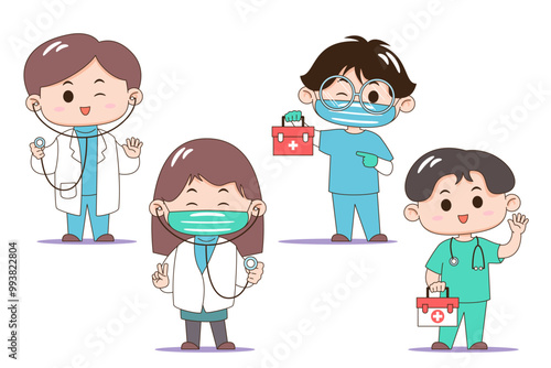 Vector set of cartoon medical staff in various poses, featuring doctors and nurses with healthcare symbols.