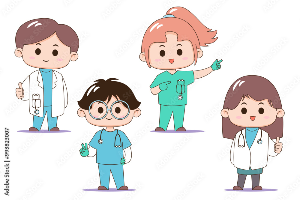 A colorful illustration of a diverse cartoon medical team with four members, each displaying a friendly demeanor. vector illustration. A colorful illustration of a diverse cartoon medical team with four members, each displaying a friendly demeanor. vector illustration.