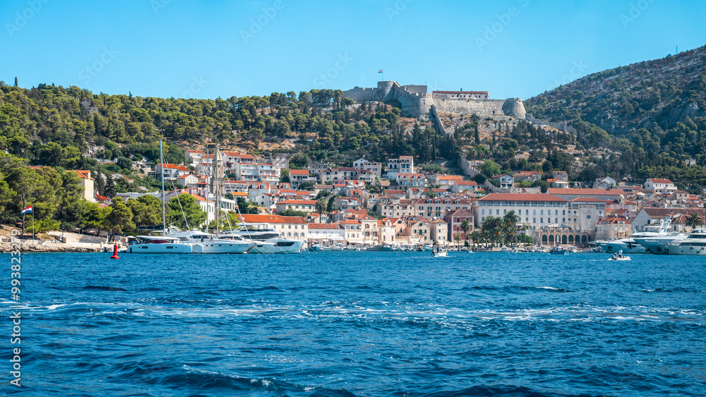 Panoramic view of Hvar town and harbor, Croatia. Panoramic view of Hvar town and harbor, Croatia.