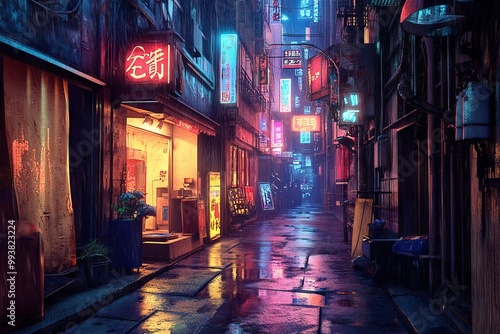 Cyberpunk Street in Tokyo at Night with Neon Signs. AI generated illustration