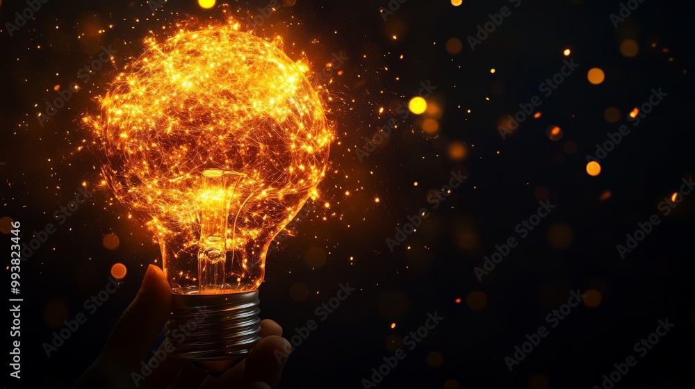 Glowing light bulb composed of electric sparks symbolizing creativity, innovation, and bright ideas on a dark background. Glowing light bulb composed of electric sparks symbolizing creativity, innovation, and bright ideas on a dark background.