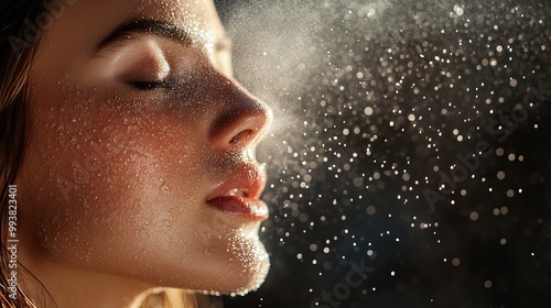 Woman Applying Facial Mist with Gentle Droplets