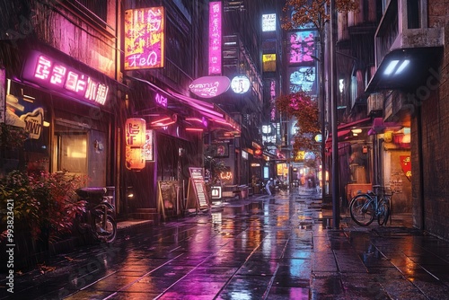 Cyberpunk Street in Tokyo at Night with Neon Signs. AI generated illustration